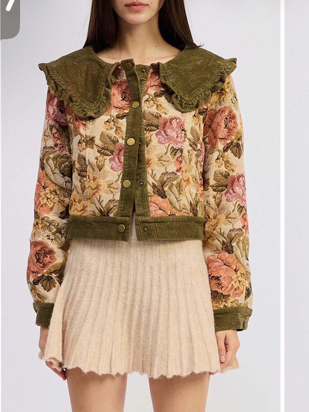 Jacquie The Label Olive Trim Floral Jacquard Jacket with Pink Blooms Size Small